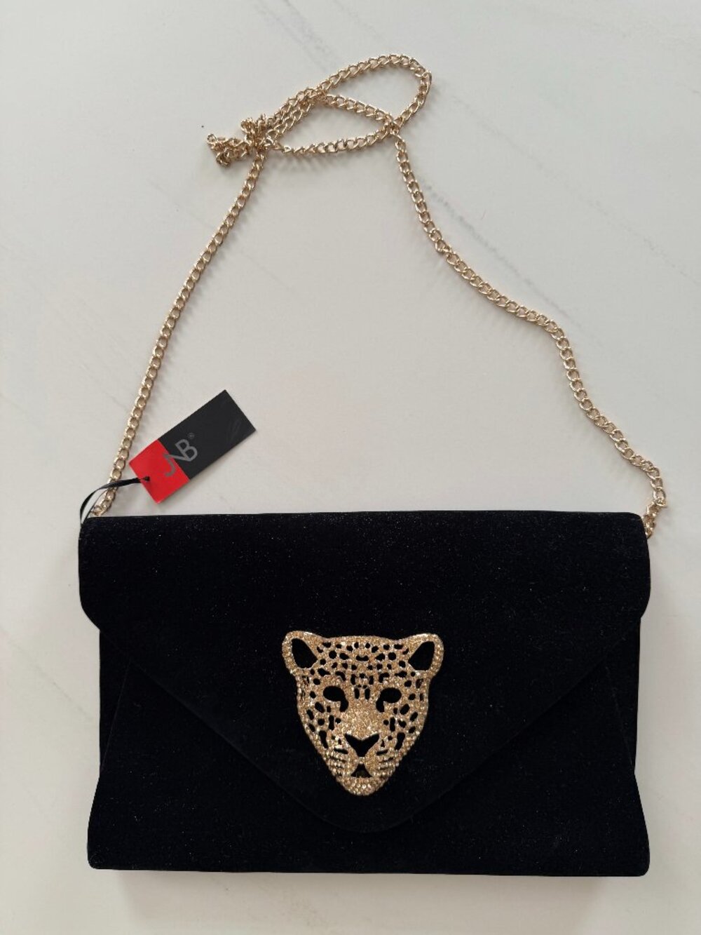 NWT! JNB Black Velvet Clutch w/Gold tone Leopard piece Medallion.